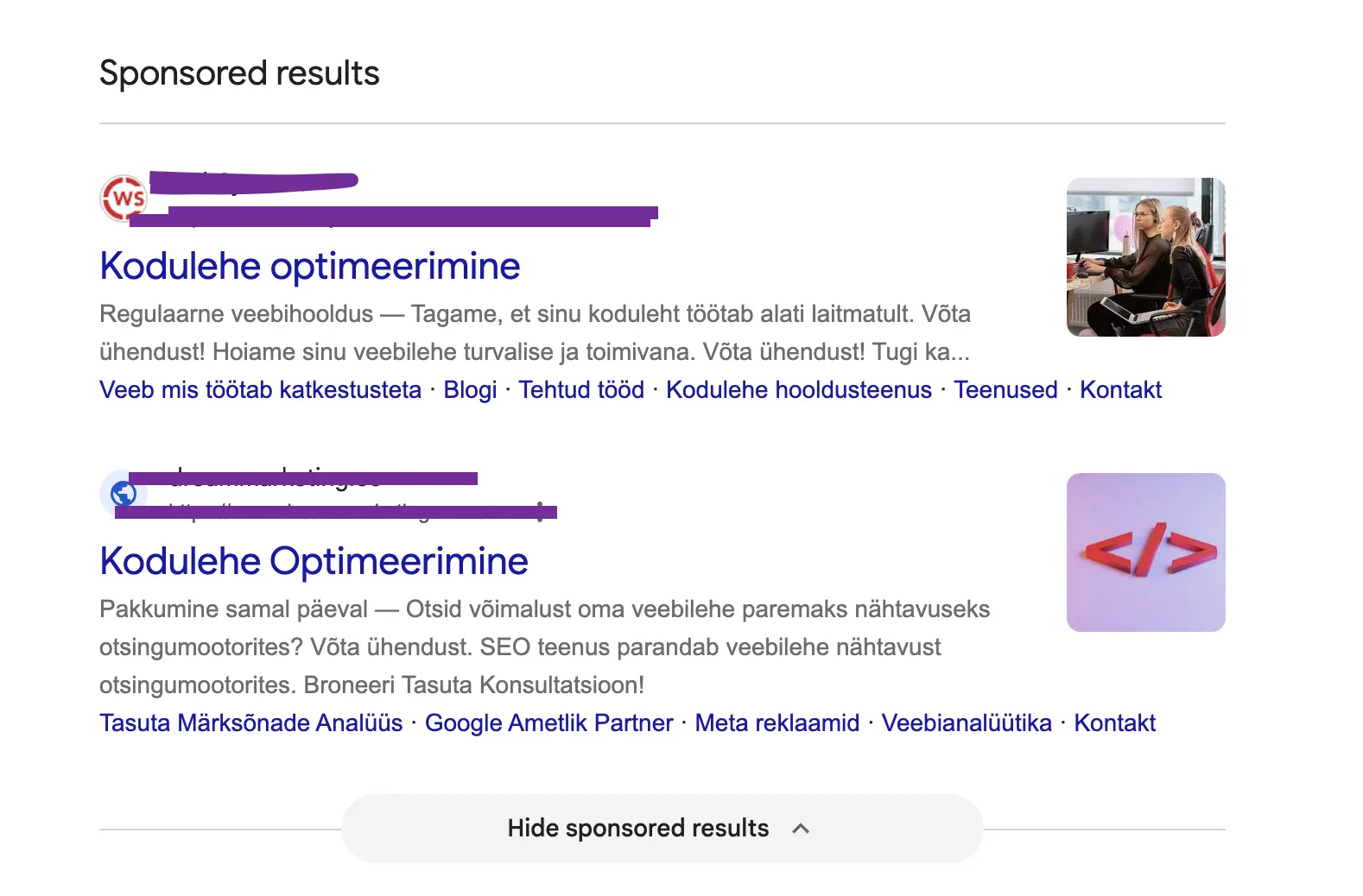 Makstud Google Ads reklaamid otsingutulemuste lehel