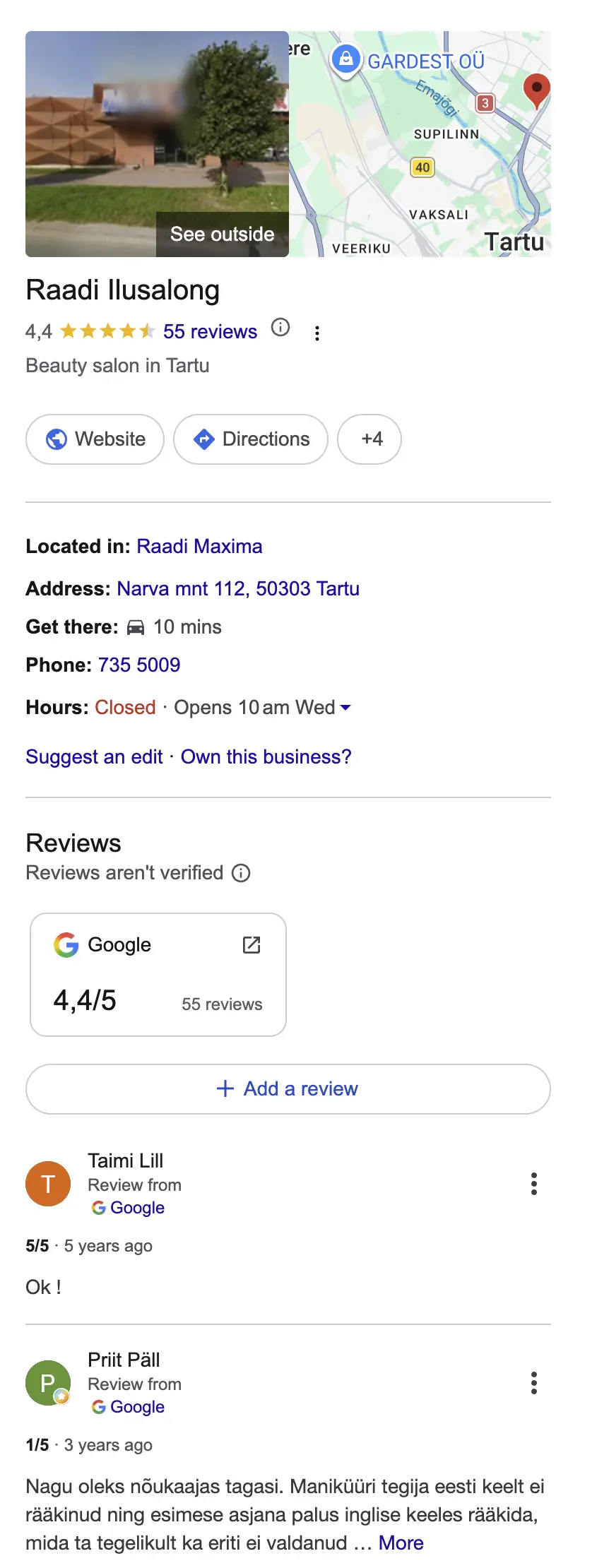 Omandamata Google äriprofiil: Tartu ilusalong 55 arvustusega, kus Google pakub profiili omandamist