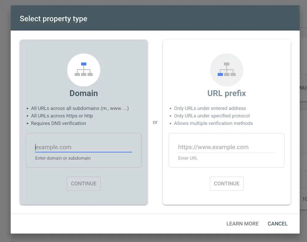 Domeenivara ja URL-i prefiksiga vara valik Search Console'is