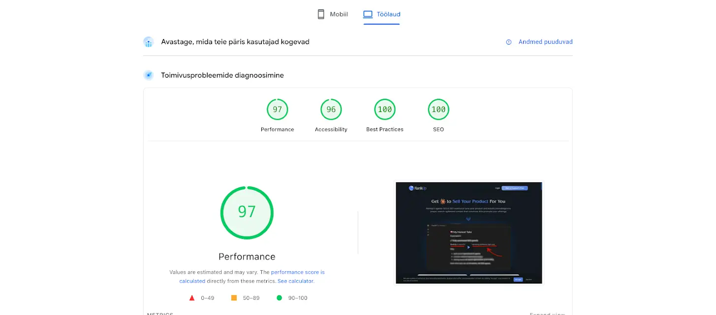 Veebilehe kiiruse ja tehnilise seisu mõõtmise tulemus pärast SEO tööd, kus laadimiskiirus ja Core Web Vitals on rohelises