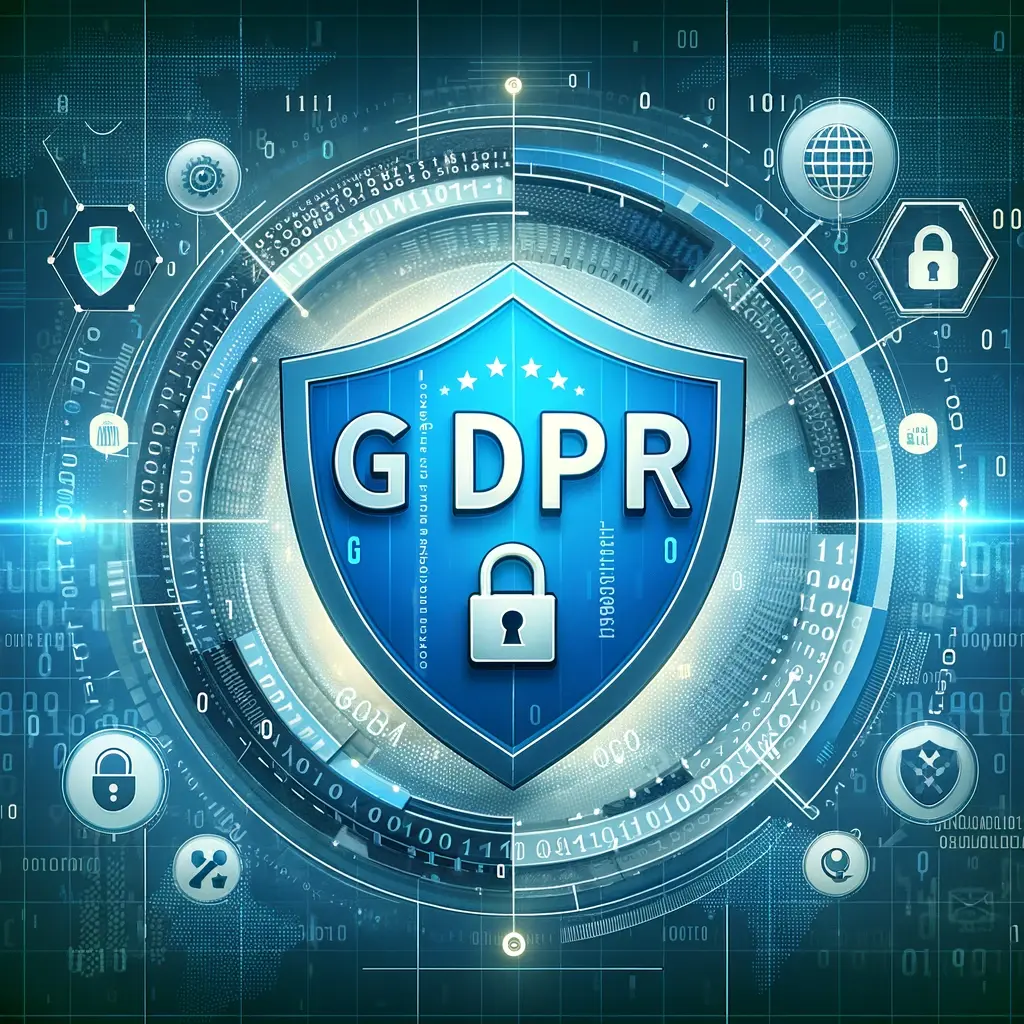 Pildi keskmes on tekst "GDPR nõuded", mis on paigutatud taustale, mis tekitab digitaalse turvalisuse ja andmekaitse tunnet. Taustal on ühendatud kilbi ikoonide, binaarkoodi ja lukusümbolite kujutised, et rõhutada isikuandmete kaitsmise teemat. Domineerivad värvid on sinine ja roheline, mis sümboliseerivad vastavalt usaldust, turvalisust ja ohutust. Kujundus säilitab professionaalse välimuse, mis sobib GDPRi järgimise tähtsuse edastamiseks.